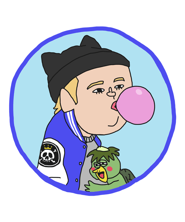 耳付きニットキャップを被った青年 河童の子を抱きながらガムを膨らます - 画像2