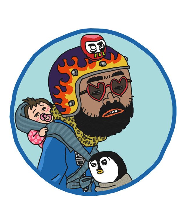 赤ちゃんをおんぶしたファンキー男 ハート型のサングラス ミニダルマ ヒゲ ファイヤーパターンのヘルメット - 画像2