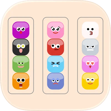 カラーフェイスソートのアプリアイコン。3列のボトルに並んだカラフルな顔つきのキャラクター。